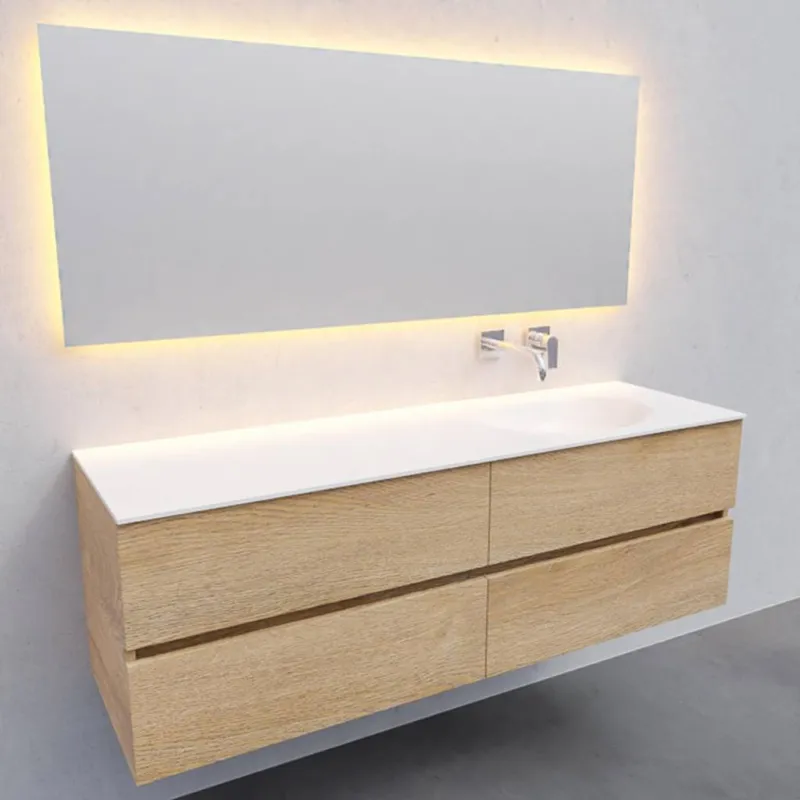 Badkamermeubel Solid Surface AQS Stockholm 150x46 cm Rechts Wood Washed Oak 4 Laden (0 kraangaten) Meest Verkocht
