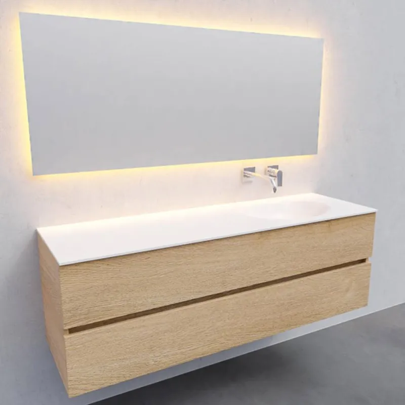 Badkamermeubel Solid Surface AQS Stockholm 150x46 cm Rechts Wood Washed Oak (0 kraangaten) Lage Prijs