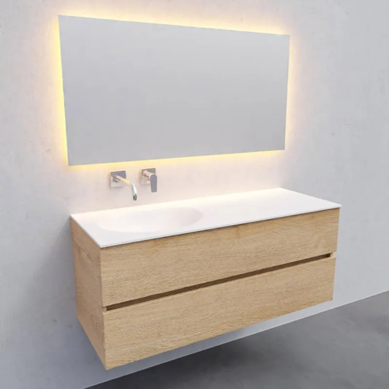 Laatste Kans Badkamermeubel Solid Surface AQS Stockholm 120x46 cm Links Wood Washed Oak (0 kraangaten)