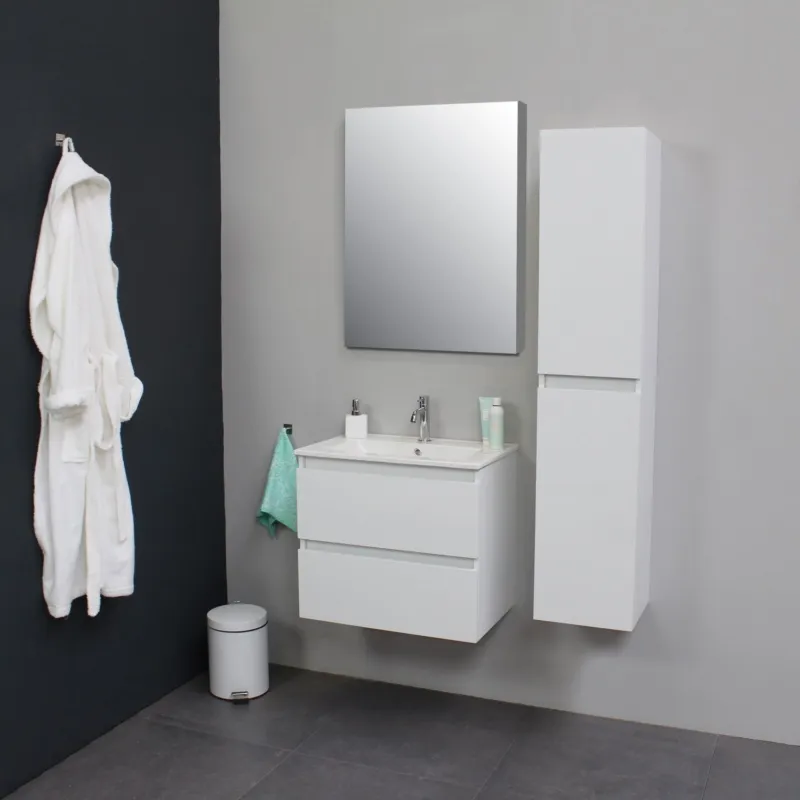 Badkamermeubel BWS Pepper Wastafel Porselein Incl Spiegelkast Met Kraangat 60x55x46 cm Wit Direct Verzonden