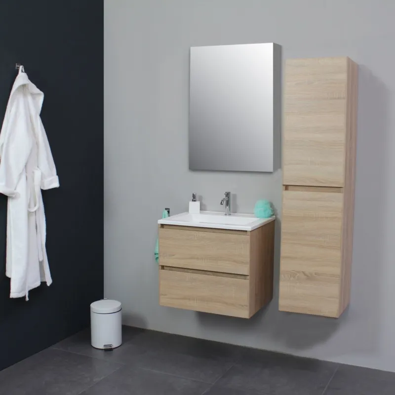 Badkamermeubel BWS Pepper Wastafel Acryl Incl Spiegelkast Met Kraangat 60x55x46 cm Eiken Express Levering