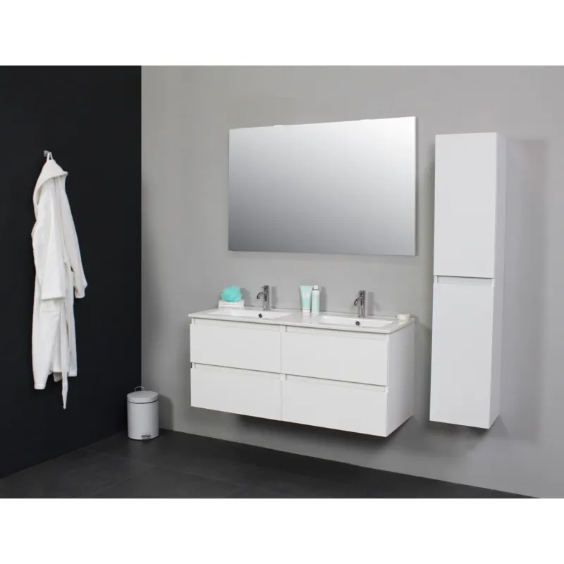 Actieprijs Badkamermeubel Boss & Wessing Pepper Wastafel Porselein Twee Kraangaten Incl Spiegel 120x55x46 cm Wit