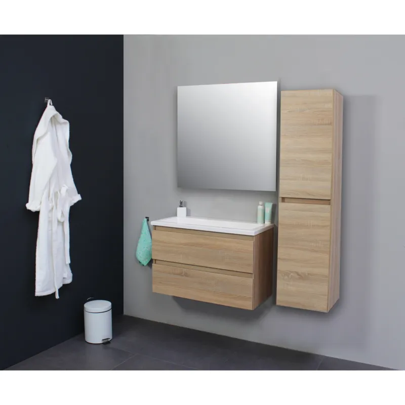 Shop Nu Badkamermeubel Boss & Wessing Pepper Acryl Wastafel Incl Spiegel Zonder Kraangat 80x55x46 cm Eiken