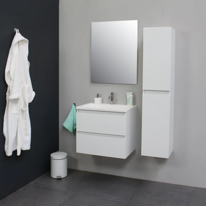 Flitsaanbieding Badkamermeubel Boss & Wessing Pepper Acryl Wastafel Met Kraangat Inclusief Spiegel 60x55x46 cm Wit