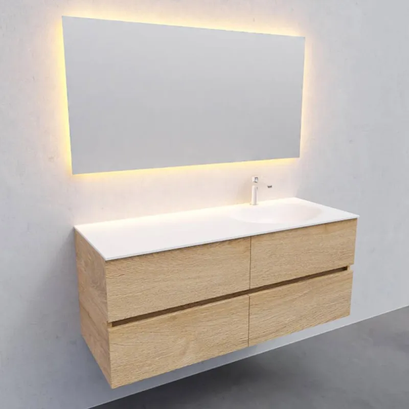 Badkamermeubel Solid Surface AQS Stockholm 120x46 cm Rechts Wood Washed Oak 4 Laden (met 1 kraangat) Premium