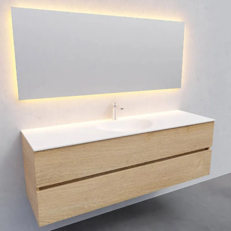 Premium Badkamermeubel Solid Surface AQS Stockholm 150x46 cm Midden Wood Washed Oak (met 1 kraangat)