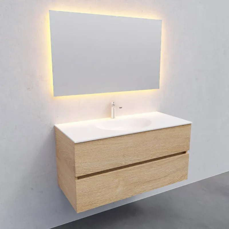 Badkamermeubel Solid Surface AQS Stockholm 100x46 cm Midden Wood Washed Oak (1 kraangat) Tijdelijk Beschikbaar
