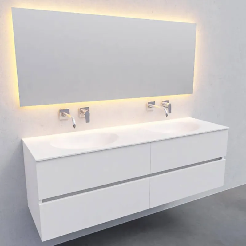 Badkamermeubel Solid Surface AQS Stockholm 150x46 cm Dubbel Mat Wit 4 Laden (zonder kraangaten) Finale Uitverkoop