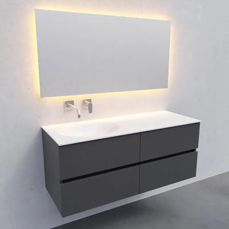 Badkamermeubel Solid Surface AQS Stockholm 120x46 cm Links Mat Antraciet 4 Laden (zonder kraangaten) Dagaanbieding