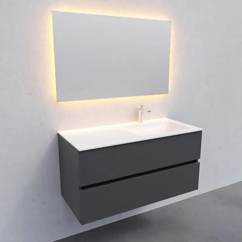 Badkamermeubel Solid Surface AQS Oslo 100x46 cm Rechts Mat Antraciet (met 1 kraangat) Exclusieve Aanbieding