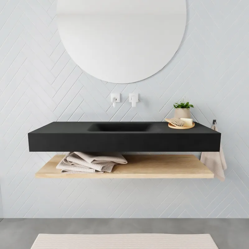 Badkamermeubel AQS Ibiza 120 cm met Washed Oak Planchet Solid Surface Wastafel Mat Zwart (acht varianten) Hoge Kwaliteit