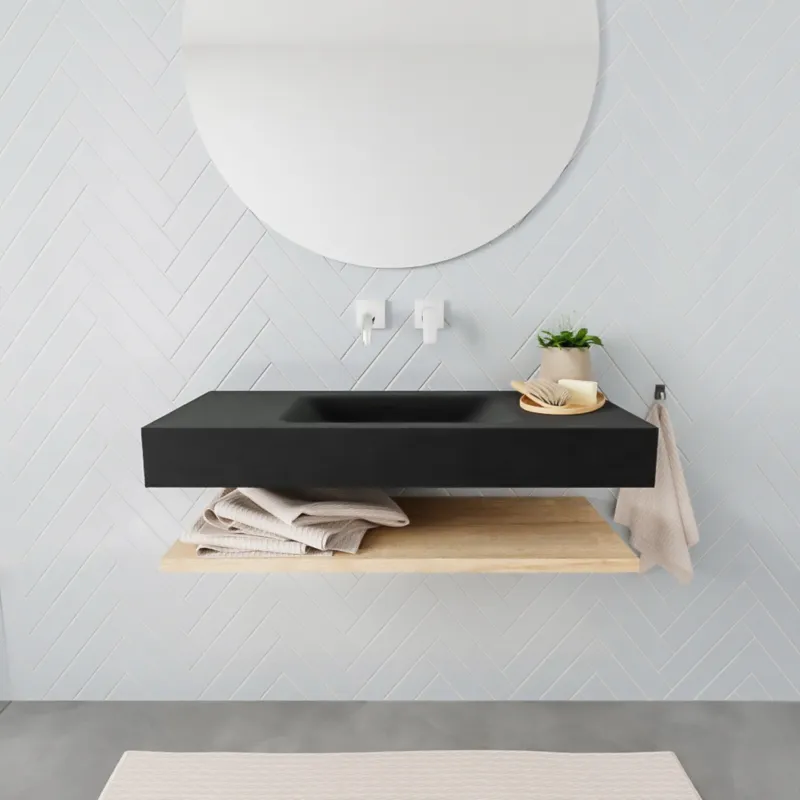 Rechtstreeks Van De Fabrikant Badkamermeubel AQS Ibiza 100 cm met Washed Oak Planchet Solid Surface Wastafel Mat Zwart (zes varianten)