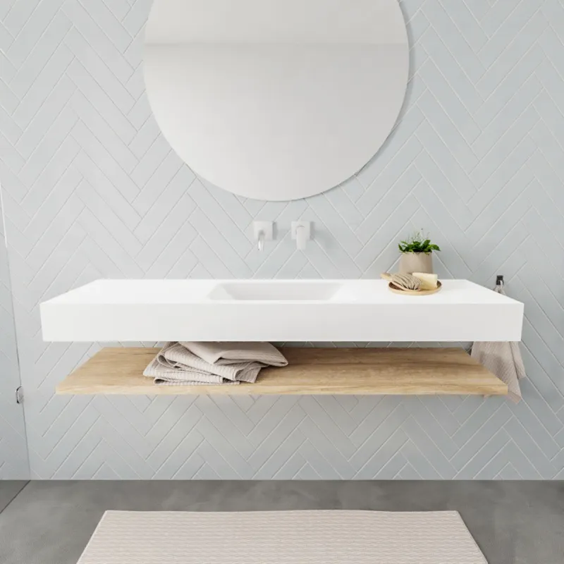 Badkamermeubel AQS Ibiza 150 cm met Washed Oak Planchet Solid Surface Wastafel Mat Wit (acht varianten) Voordeelprijs