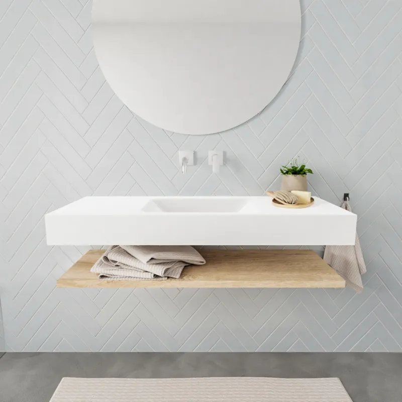 Must-Have Badkamermeubel AQS Ibiza 120 cm met Washed Oak Planchet Solid Surface Wastafel Mat Wit (acht varianten)
