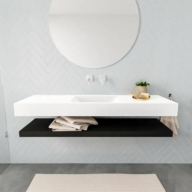 Badkamermeubel AQS Ibiza 150 cm met Mat Zwart Planchet Solid Surface Wastafel Mat Wit (acht varianten) Aanbieding