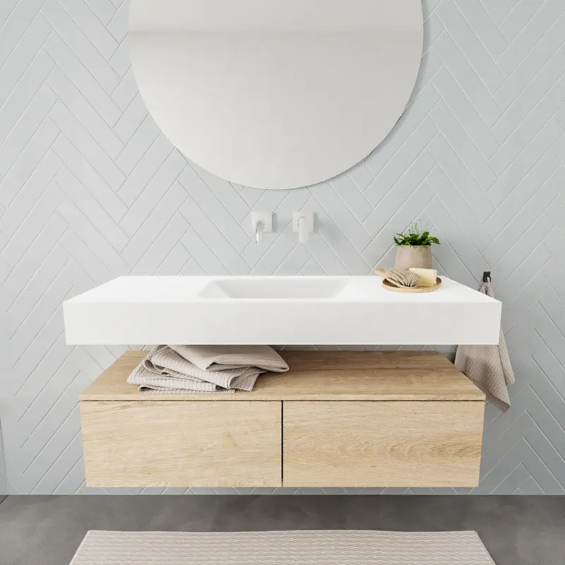 Badkamermeubel AQS Ibiza 120 cm Washed Oak Twee Soft-Close Lades Solid Surface Wastafel Mat Wit (acht varianten) Superprijs
