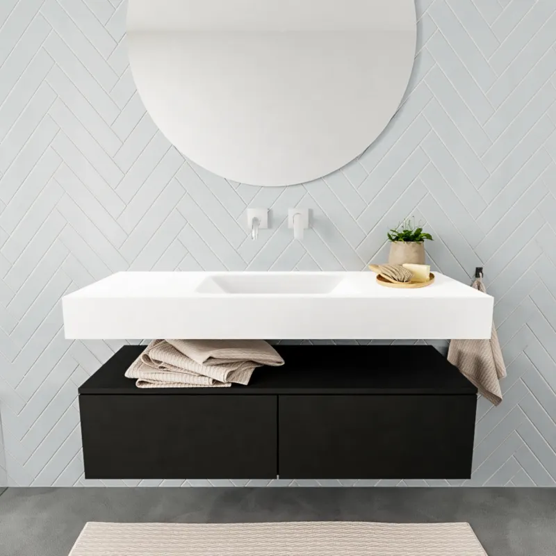 Badkamermeubel AQS Ibiza 120 cm Solid Surface Mat Zwart Twee Soft-Close Lades Wastafel Mat Wit (acht varianten) Koop Online