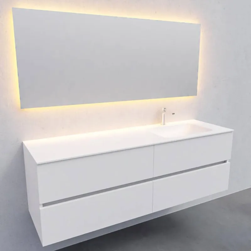Badkamermeubel Solid Surface AQS Oslo 150x46 cm Rechts Mat Wit 4 Laden (met 1 kraangat) Speciale Aanbieding