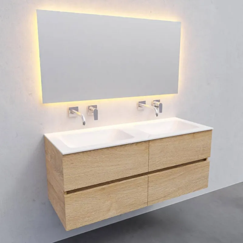 Badkamermeubel Solid Surface AQS Oslo 120x46 cm Dubbel Wood Washed Oak 4 Laden (0 kraangaten) Shop Nu