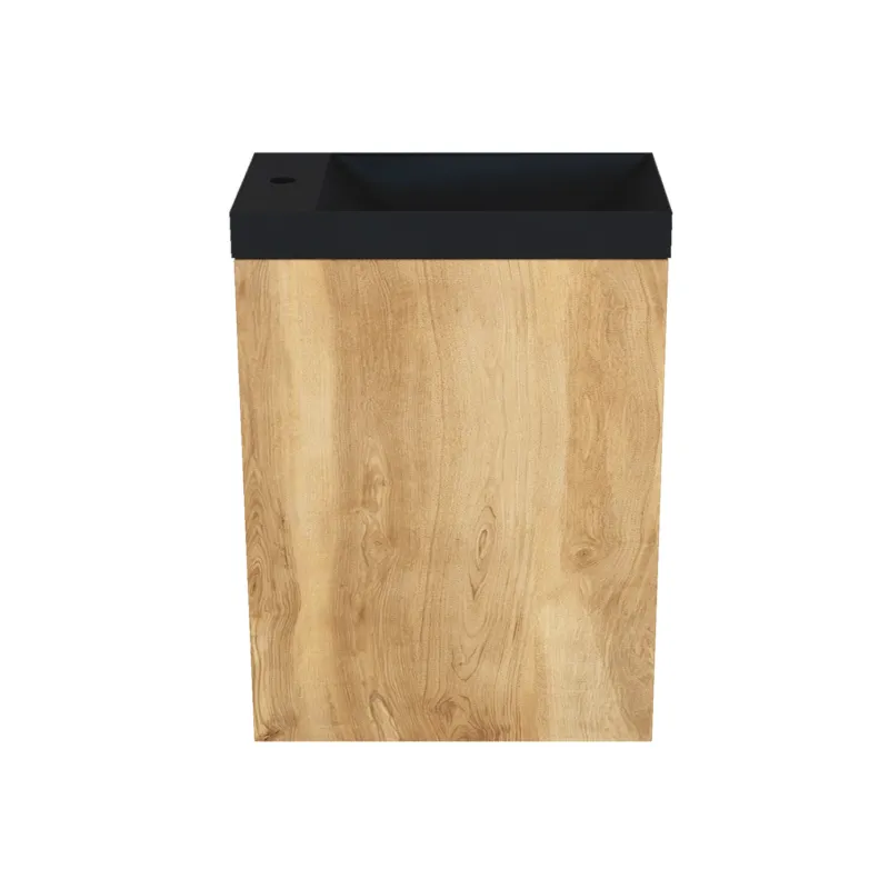 Fonteinkast Natural Oak Arcqua Luna 40x55x28 cm Incl. Fontein Mat Zwart Zonder Overloop Gecertificeerd