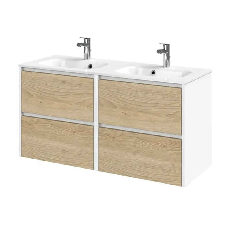 Meubelset Tiger Reverse 120 cm Met 4 Lades Natural Eik - Mat Wit incl Oval Wastafel Hoogglans Wit Snelle Levering