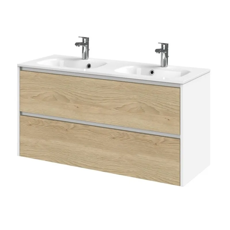 Meubelset Tiger Reverse 120 cm Met 2 Lades Natural Eik - Mat Wit incl Oval Wastafel Hoogglans Wit Fabrieksprijs