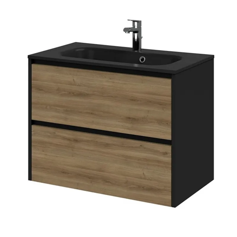 Gereduceerde Prijs Meubelset Tiger Reverse 80 cm Met 2 Lades Chalet Eik - Mat Zwart incl Oval Wastafel Mat Zwart