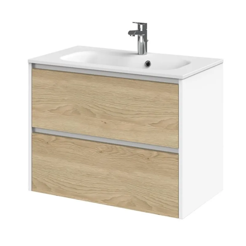 Goedkoop Meubelset Tiger Reverse 80 cm Met 2 Lades Natural Eik - Mat Wit incl Oval Wastafel Mat Wit