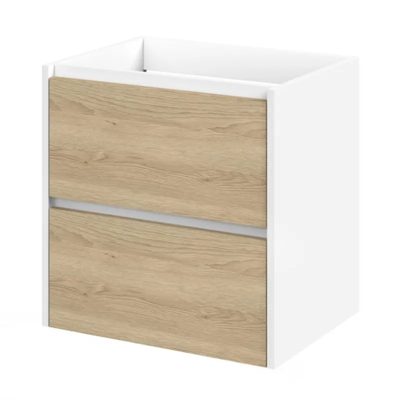 Meubelset Tiger Reverse 60 cm Met 2 Lades Natural Eik - Mat Wit incl Oval Wastafel Hoogglans Wit Koopje